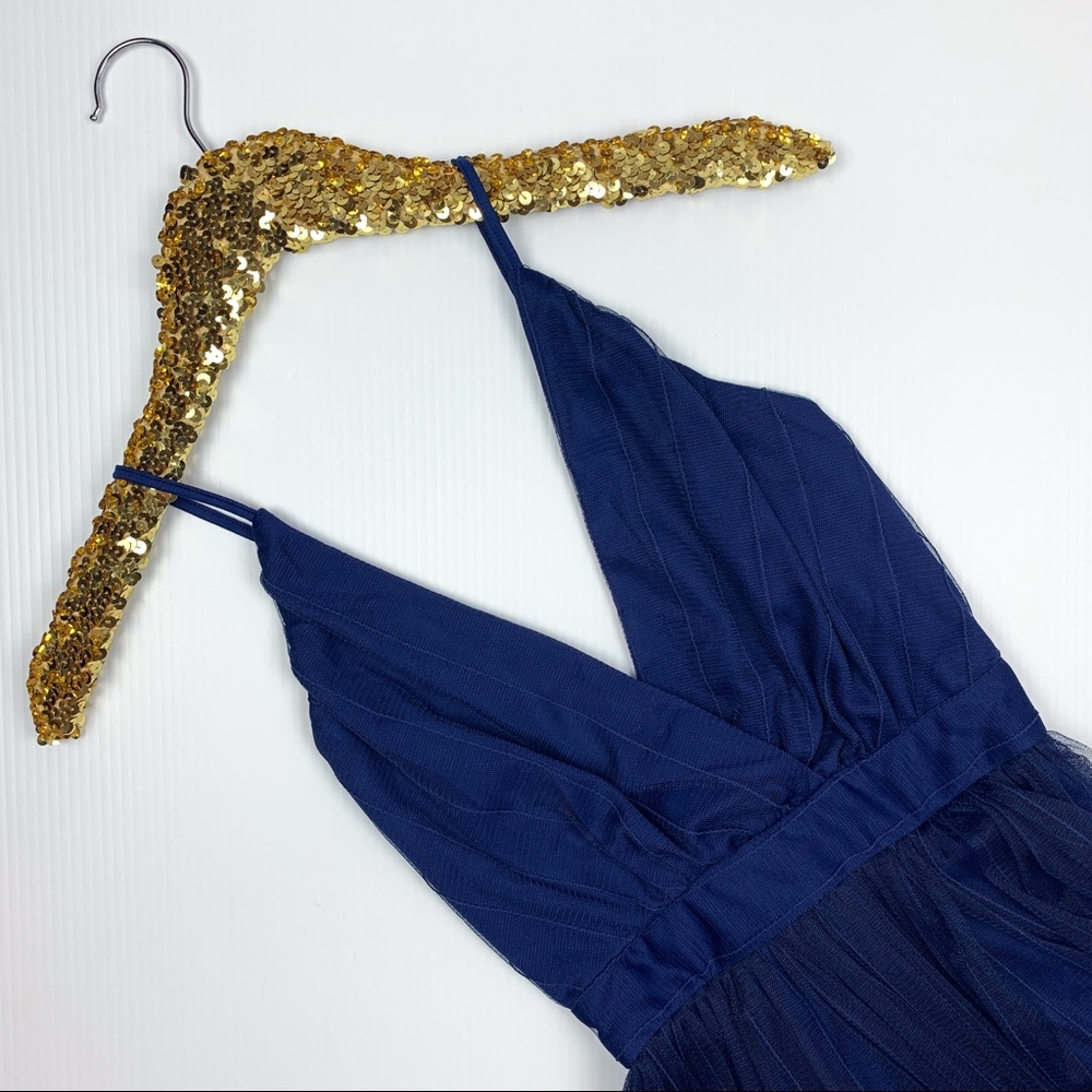 Navy Blue Criss Cross Back Mesh Elegant Maxi Dress - Picture 7 of 11